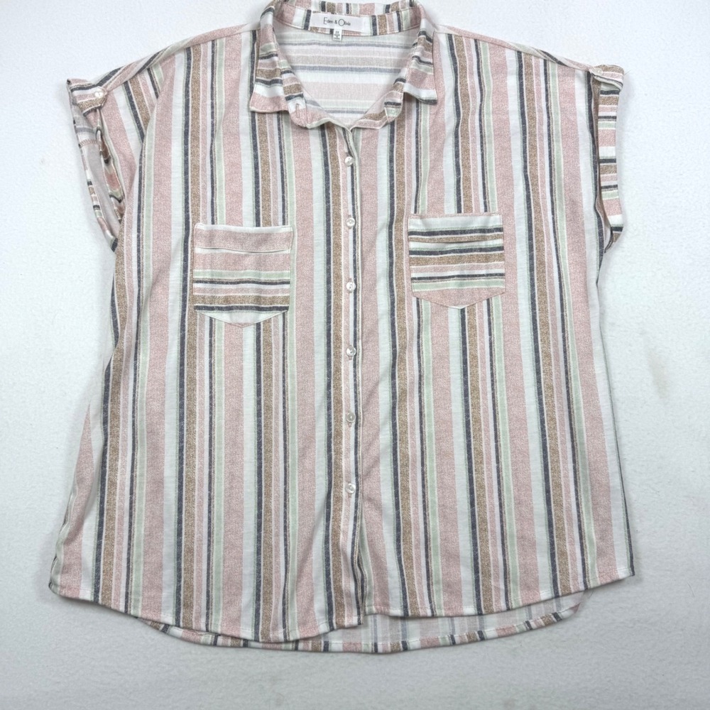 Eden & Olivia Womens 2X Pink Striped Short Sleeve Button Down Blouse Top